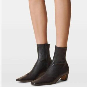 Maiyang Black Square Toe Side Zipper Ankle Boots Low Chunky Heel Stretchy Bootie